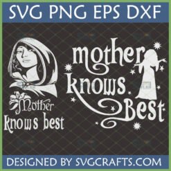Mother Knows Best SVG design with elegant woman, lily flower, whimsical text, and stars for Cricut crafts.