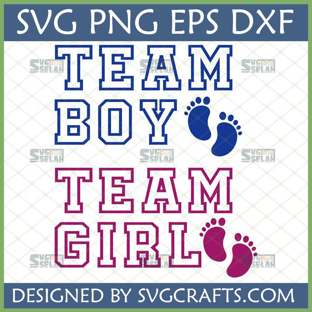 Gender Reveal Team Boy Team Girl SVG PNG EPS DXF files with blue and magenta baby footprints for baby shower crafting