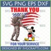 Soldier and Mickey Mouse shaking hands with American flag and "Thank You For Your Service" text, a patriotic military appreciation SVG design.