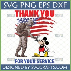 Soldier and Mickey Mouse shaking hands with American flag and "Thank You For Your Service" text, a patriotic military appreciation SVG design.