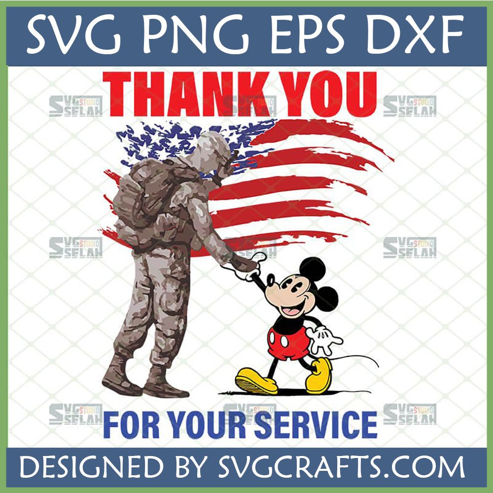 Soldier and Mickey Mouse shaking hands with American flag and "Thank You For Your Service" text, a patriotic military appreciation SVG design.