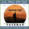 Thank You Veteran SVG soldier silhouette against sunset with mountains and grass, for Cricut and sublimation.