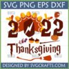 Festive 2022 Thanksgiving SVG design with turkey feathers, turkey leg balloon, pumpkin, and fall elements for Cricut crafts.