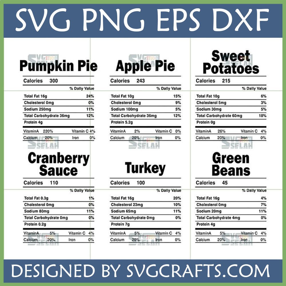 Funny Thanksgiving Nutrition Facts SVG Bundle featuring labels for Pumpkin Pie, Apple Pie, Sweet Potatoes, Cranberry Sauce, Turkey, and Green Beans.