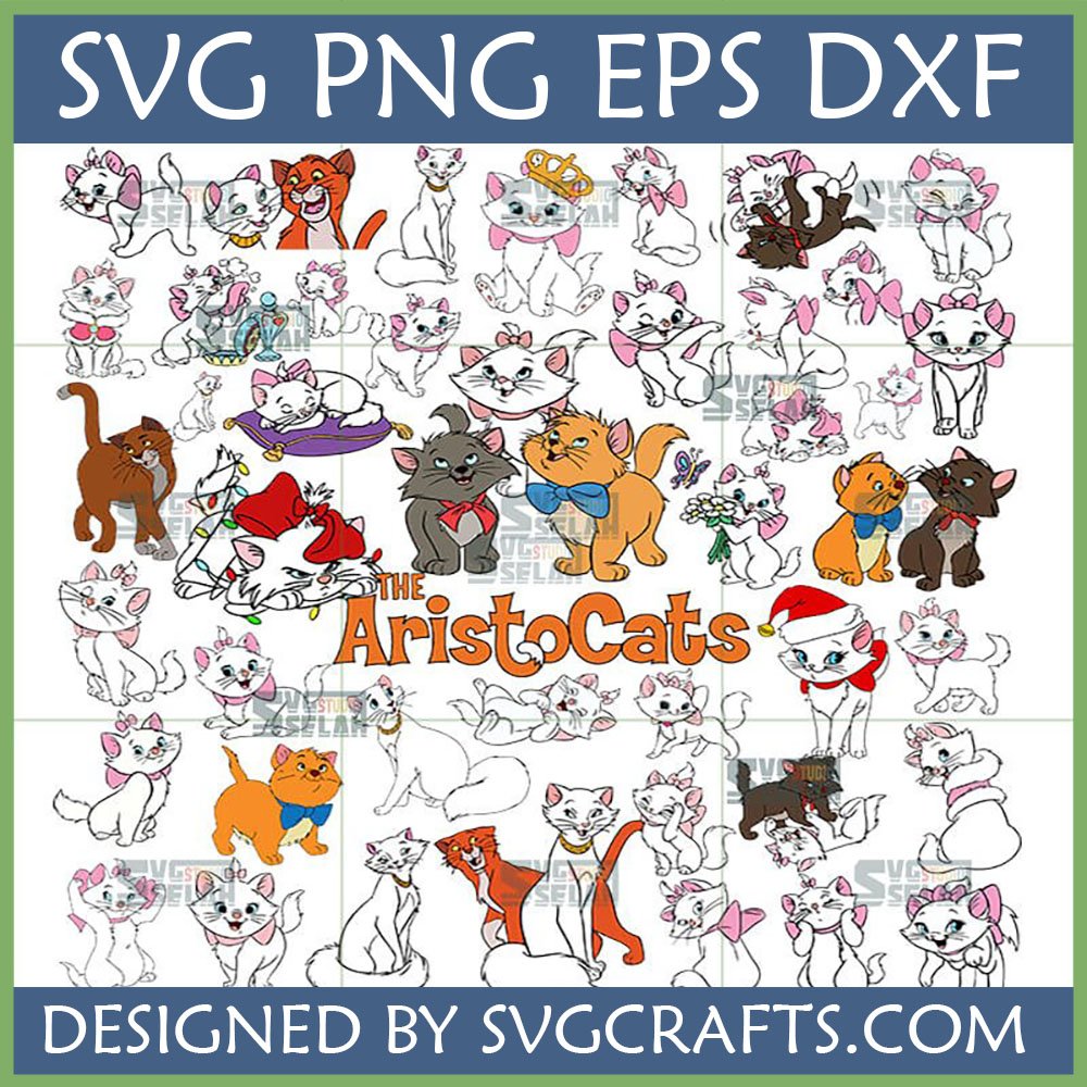 Large collection of Aristocats SVG bundle designs featuring Marie, Duchess, Toulouse, Berlioz, and Thomas O'Malley for Cricut and sublimation.