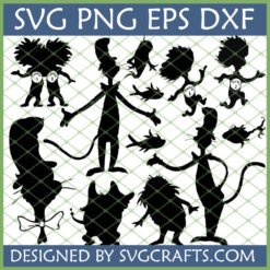 Cat in the Hat SVG Bundle with Thing 1, Thing 2, and The Fish silhouettes for Cricut and Silhouette projects.