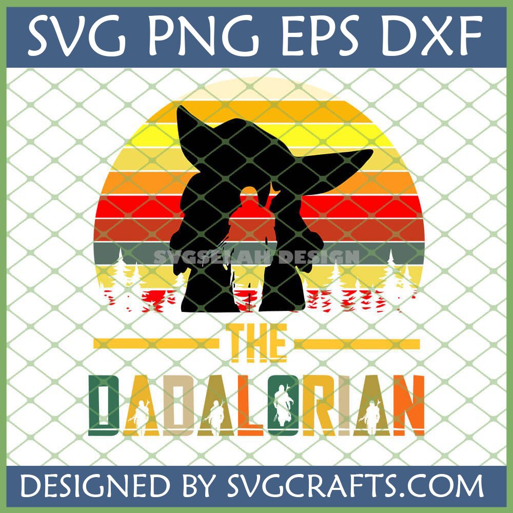 Dadalorian Retro Sunset SVG featuring Mandalorian and Grogu silhouettes for Star Wars Dad gift