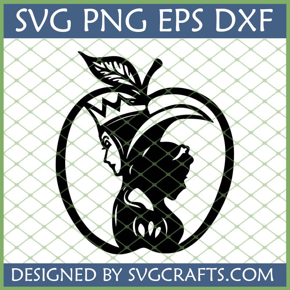 Evil Queen Apple Villain SVG digital cut file for Cricut, featuring a silhouette of the Evil Queen and another villain within a poisoned apple shape.