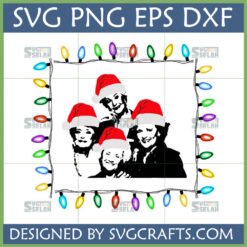 Golden Girls Christmas SVG with Santa hats and colorful holiday lights, featuring Dorothy, Rose, Blanche, and Sophia for DIY crafts.