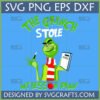 Funny Grinch Stole My Lesson Plan SVG for teachers, featuring the Grinch with a pen and notebook, perfect for Christmas and teacher appreciation gifts.