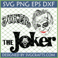 Joker SVG Bundle for Cricut featuring Heath Ledger Joker face, stylized JOKER text, and THE Joker clown face logo