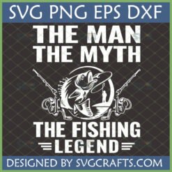 Man Myth Fishing Legend SVG graphic with a jumping bass fish and fishing rods