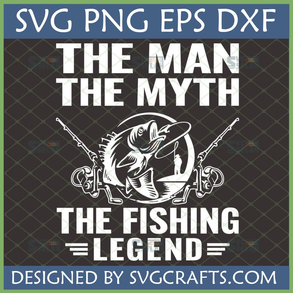 Man Myth Fishing Legend SVG graphic with a jumping bass fish and fishing rods