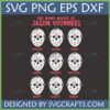 The Many Moods of Jason Voorhees SVG digital design featuring 9 hockey masks with different expressions for horror fans.