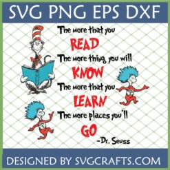Dr Seuss Read Learn Go SVG File featuring Cat in the Hat reading, Thing 1, and Thing 2 running, with the quote 'The more that you read, the more things you will know. The more that you learn, the more places you'll go.'