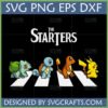 Pokemon Starters Abbey Road SVG PNG DXF EPS digital file showing Bulbasaur, Squirtle, Charmander, and Pikachu walking across a crosswalk