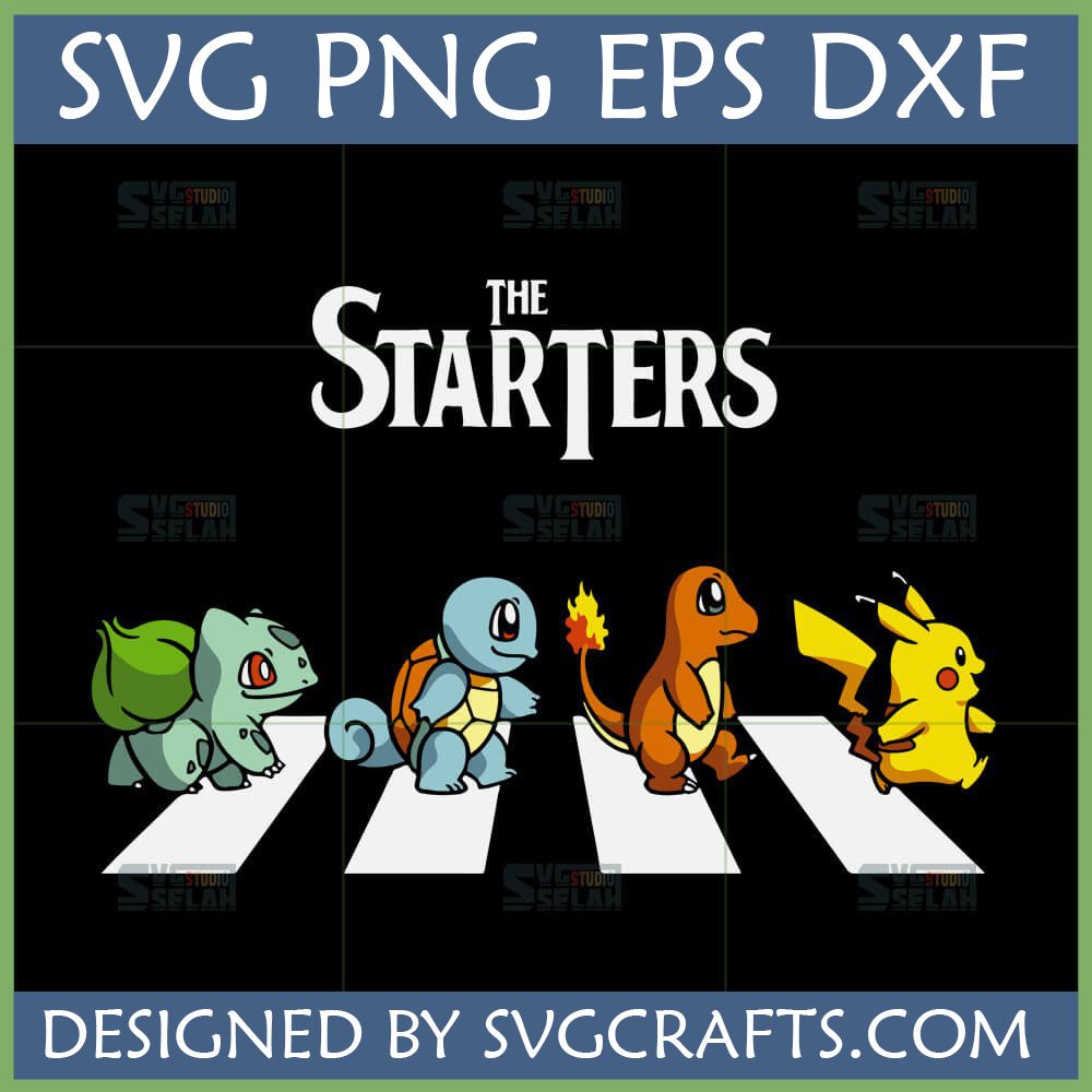 Pokemon Starters Abbey Road SVG PNG DXF EPS digital file showing Bulbasaur, Squirtle, Charmander, and Pikachu walking across a crosswalk
