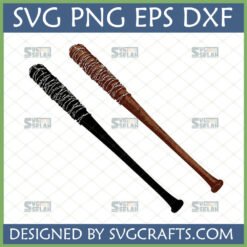 Two Lucille bats, one brown and one black, wrapped with barbed wire, for Walking Dead SVG crafts.