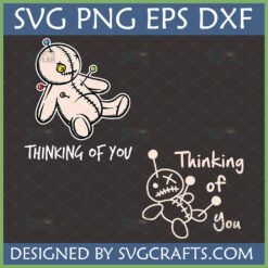 Two Funny Voodoo Doll Thinking of You SVG designs, one colored and one outline, with pins and text.