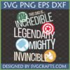 Marvel Superhero Dad SVG design with 'This Dad Is Incredible, Legendary, Mighty, Invincible' text and icons of Hulk fist, Captain America shield, Thor's hammer, and Iron Man mask.
