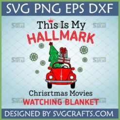 Hallmark Christmas Movie Watching Blanket SVG with red vintage car, Christmas tree, and gifts