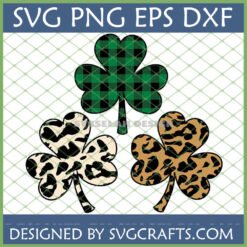 Three St Patrick's Day shamrock designs: one green plaid, one light leopard print, one dark leopard print, for Cricut and sublimation.
