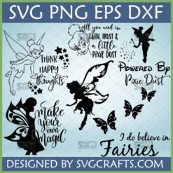 Magical Fairy SVG Bundle with Tinkerbell inspired designs, 'Think Happy Thoughts', 'Pixie Dust' quotes, and fairy silhouettes for Cricut and Silhouette.