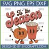 Retro Tis the Season SVG featuring a cute pumpkin and pumpkin spice latte characters giving peace signs, surrounded by stars.