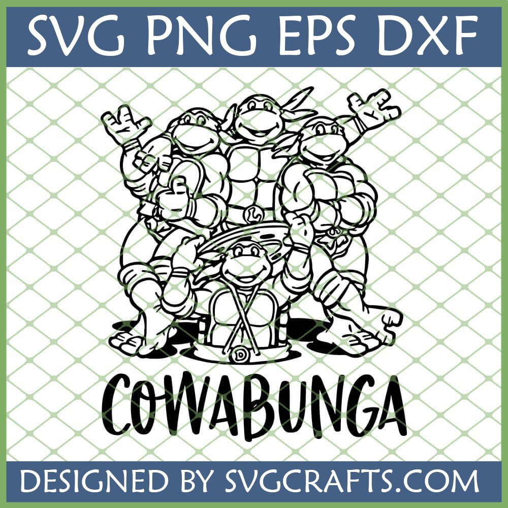Teenage Mutant Ninja Turtles Cowabunga SVG digital download for Cricut and Silhouette, featuring the four turtles and 'Cowabunga' text.