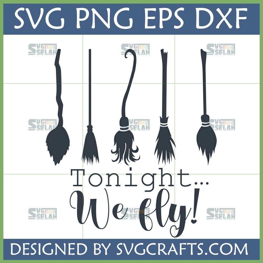 Five unique Halloween Witch Broom SVG designs with 'Tonight We Fly!' text for Cricut and Silhouette crafts.
