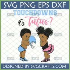 Touchdowns or Tutus SVG PNG DXF EPS featuring cute African American baby boy with football helmet and baby girl in pink tutu for gender reveal and baby shower.