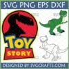 Toy Story Jurassic Park Rex SVG with green and outline Rex dinosaurs, plus 'Toy Story' text logo.