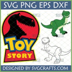 Toy Story Jurassic Park Rex SVG with green and outline Rex dinosaurs, plus 'Toy Story' text logo.
