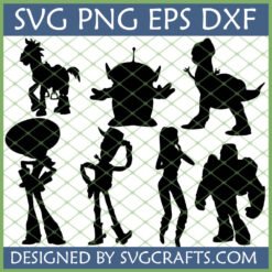Toy Story Characters SVG Bundle silhouettes including Woody, Buzz, Jessie, Rex, Alien, Bullseye, and Mr. Potato Head-like figure for Cricut and Silhouette.