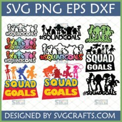 Toy Story Squad Goals SVG Bundle for Cricut and Sublimation featuring Woody, Buzz, Jessie, Rex, and Hamm characters in outline, silhouette, and colored styles.