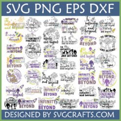 Large collection of To Infinity and Beyond SVG designs featuring Buzz Lightyear, Woody, and other Toy Story characters, suitable for Cricut and Silhouette.