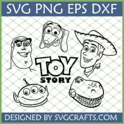 Toy Story Characters SVG for Cricut bundle featuring Buzz Lightyear, Woody, Slinky Dog, Alien, and Rex outlines with the Toy Story logo.