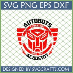 Autobots Academy SVG PNG DXF EPS digital file for Transformers fans, featuring the Autobots logo, Cybertron, and 'Since 1984' in a retro collegiate style.