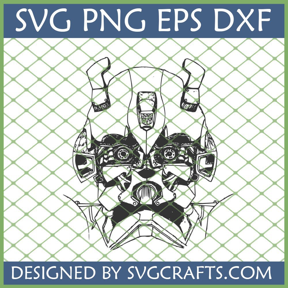 Detailed line art of Bumblebee's head from Transformers, featuring the Autobot logo on his forehead, presented as an SVG, PNG, EPS, DXF digital file for crafting.