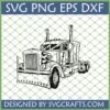 Black outline drawing of a classic American semi truck with flame design on the hood and cab, labeled 'Semi Truck Flame SVG PNG EPS DXF' and 'DESIGNED BY SVGCRAFTS.COM'.