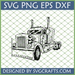 Black outline drawing of a classic American semi truck with flame design on the hood and cab, labeled 'Semi Truck Flame SVG PNG EPS DXF' and 'DESIGNED BY SVGCRAFTS.COM'.
