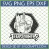 Transformers Skull SVG featuring Optimus Prime helmet combined with a human skull, in a hexagonal emblem with 'TRANSFORMERS' banner below, optimized for Cricut and digital crafting.