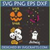 Cute Halloween SVG Bundle featuring a trick or treat pumpkin, flying bats, "BOO!" skulls, and a ghost with a lollipop, perfect for Cricut crafting.