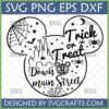 Mickey Halloween Trick or Treat SVG with haunted house and spiderweb