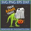 Funny T-Rex dinosaur in a white ghost costume holding a jack-o'-lantern candy bucket, with 'TRICK RAWR TREAT' text, as a Halloween SVG design from SVGcrafts.