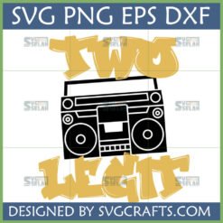 Two Legit SVG design with a retro boombox and bold yellow graffiti-style text, perfect for a 2nd birthday celebration.