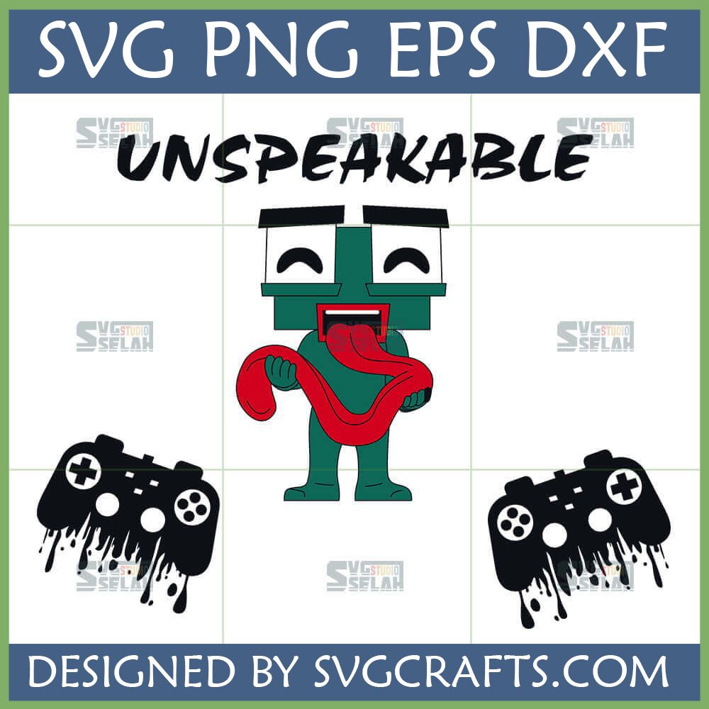 Unspeakable Gaming SVG File with green character, long red tongue, and two black dripping game controllers for crafting.
