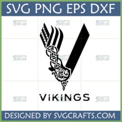 Stylized Vikings SVG design with intricate Norse knotwork forming a raven or dragon head, and 'VIKINGS' text below.