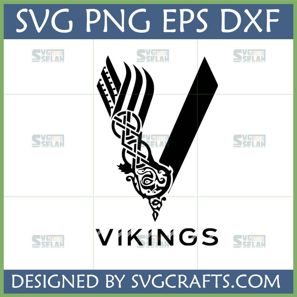 Stylized Vikings SVG design with intricate Norse knotwork forming a raven or dragon head, and 'VIKINGS' text below.