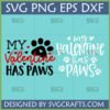 My Valentine Has Paws SVG and PNG bundle with two designs: black and red, and all-white, featuring a paw print with a heart.